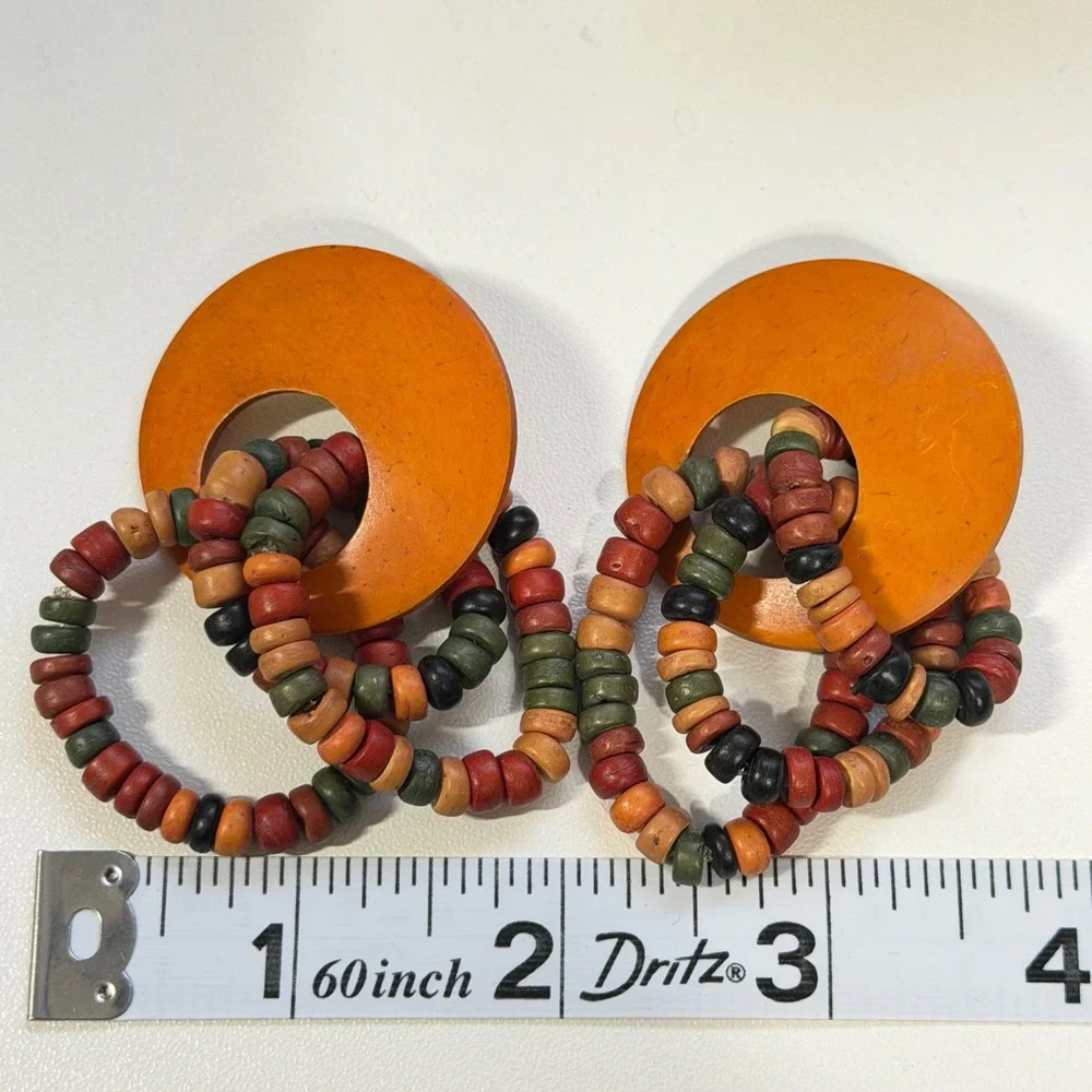 Vintage Philippines Orange Wood Beaded Boho Statement Pierced Earrings